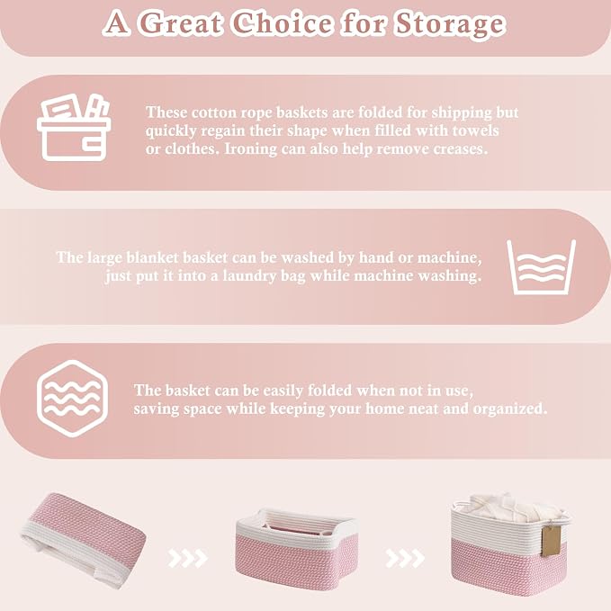 Goodpick Woven Rope Storage Basket for Shelves, Rectangle, Pink & White | 13" × 10" × 9" Stylish Gift Basket for Nursery & Bedroom Organization, Fits Toys & Baby Essentials Storage, Writable Label