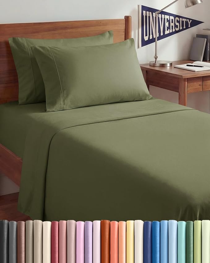 Twin XL 4 Piece Sheet Set - College Dorm Room Essentials - Sage Green | Ultra Soft Dorm Bedding Set, 8" to 16" Inch Deep Pockets, 1 Flat & 1 Fitted Sheet & 2 Pillowcases, Wrinkle & Fade Free