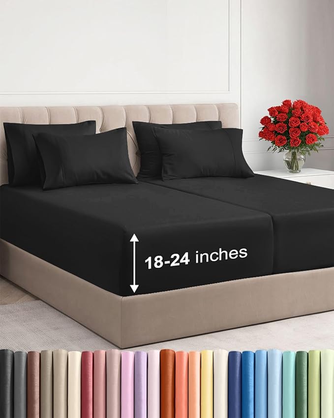 Extra Deep Split King Sheet Set - 7 Piece Breathable Cooling Sheets - Black | Hotel Luxury Bed Sheets Set, Easy & Secure Fit, Ultra-Soft, Wrinkle & Fade Free, Comfy Sheets Set with Extra Deep Pockets
