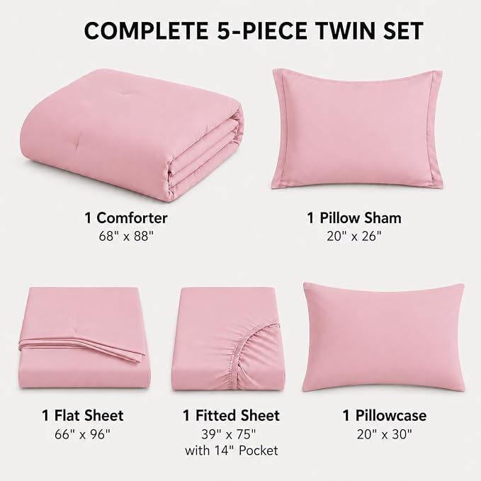 HIMEET Twin Comforter Sets, 5-Piece Point-Quilted Bed in a Bag, Pink | OEKO-TEX Certified, Lightweight 240 GSM Comforter, Flat Sheet, 14-Inch Deep-Pocket Fitted Sheet, Pillowcase & Sham