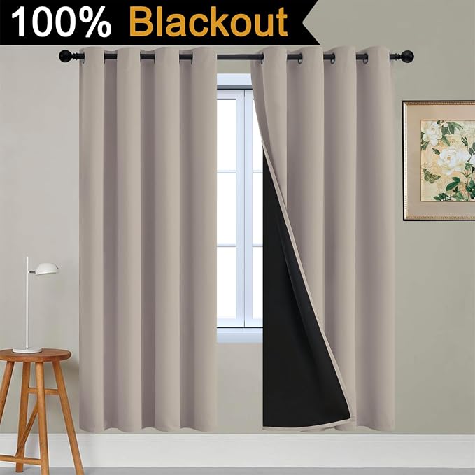 Yakamok Natural Blackout Curtains 72 Inches Long for Bedroom 52" Wide 2 PCS | Blackout Curtain Panels for Bedroom, 2 Thick Layers Grommet Top Thermal Insulated Drapes with Black Liner for Living Room