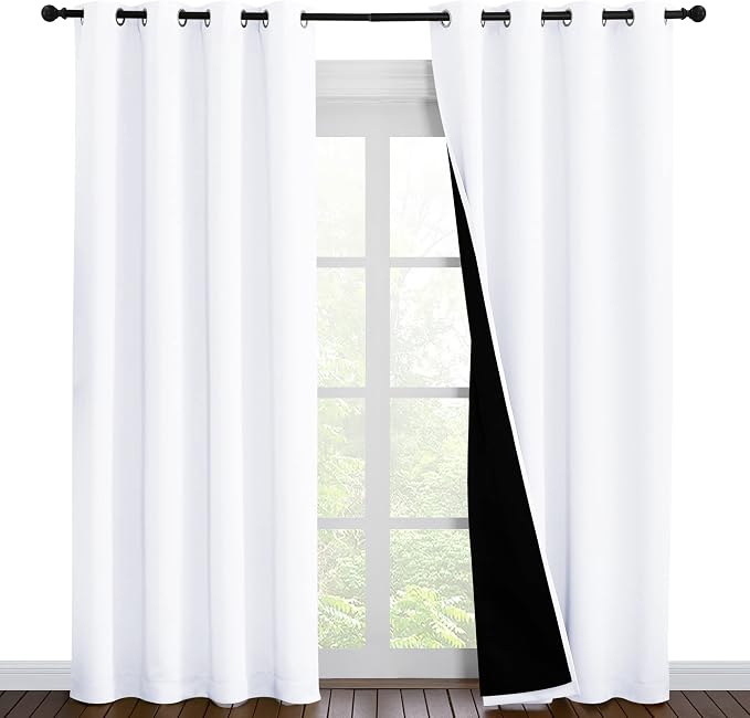 NICETOWN White Blackout Curtains for Nursery 55" Wide x 86" Long 2 Panels | 100% Room Darkening Cold Full Light Blocking Drapes with Black Liner, Thermal Insulated Draperies Bedroom Kitchen Home Decor