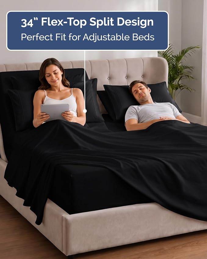 CGK Unlimited Extra Deep Flex Top Split Head King Sheet Set - 6 Piece Breathable and Cooling Sheets - Hotel Luxury Bedding for Women, Men, Kids & Teens - Easy Secure Fit - Extra Deep Pockets - Black