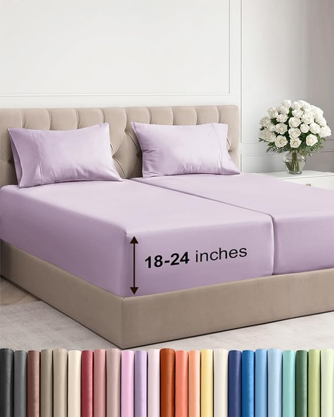 Extra Deep Split King Sheet Set - 5 Piece Cooling Sheets - Light Lavender | Easily Fits 18 to 24 inch Mattress - Ultra Soft, Wrinkle & Fade Free with Extra Deep Pockets - Comfy Hotel Luxury Bedding