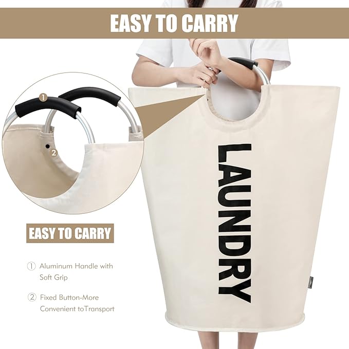 DOKEHOM 90L Large Laundry Basket Bag, Collapsible Tall Hamper, Beige | Freestanding tall washing bin & foldable laundry bag. High-capacity clothes storage basket with durable sturdy handles