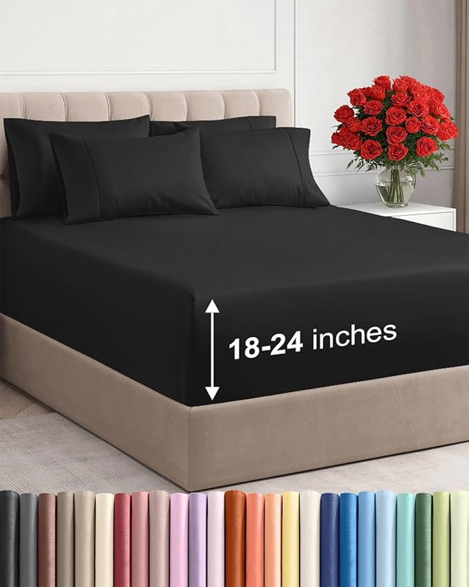 Extra Deep Full Sheet Set - 6 Piece Breathable and Cooling Sheets - Black | Hotel Luxury Bed Sheets Set, Easy & Secure Fit, Ultra-Soft, Wrinkle & Fade Free, Comfy Sheets Set with Extra Deep Pockets