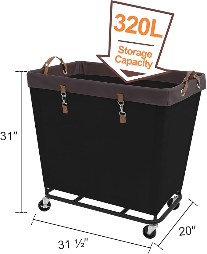 StorageWorks 320L Laundry Basket with Wheels, Rolling Hampers for Clothing | Extra Large Black Laundry Basket with Wheels, Metal Frame & Handles, Hamper for Bedroom, Bathroom, Hotel