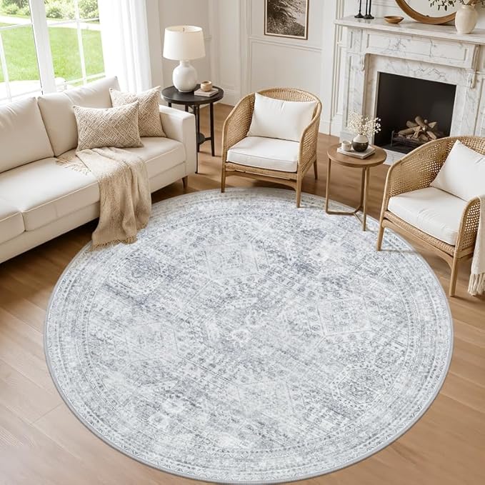 Round Area Rug Living Room: 6ft Neutral Washable Carpet Rug Gray | Vintage Boho Circle Soft Large Circular Carpet Bedroom Nursery Farmhouse Dining Room Indoor Decor Floor Non-Slip Under Table