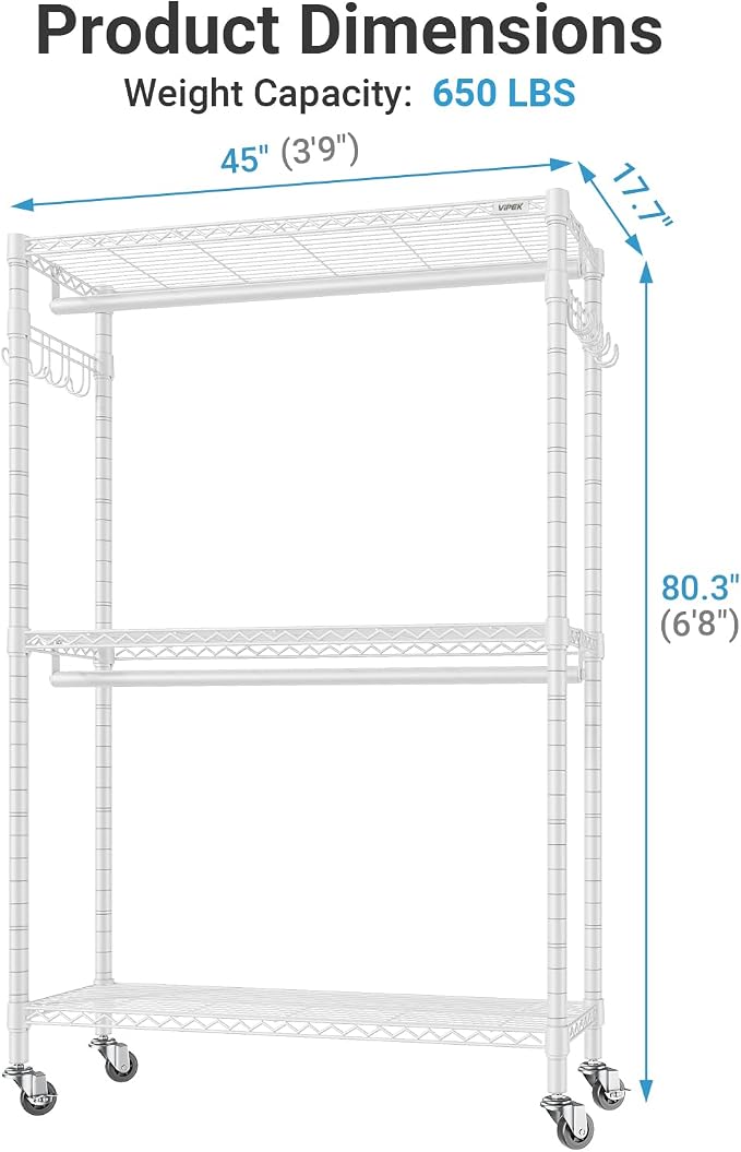 VIPEK R2 Plus Clothing Rack Heavy Duty Rolling Closet for Hanging Clothes | Lockable Silent Wheels, Double Hanging Rods, Adjustable Wire Shelving, Metal Side Hooks, Load 650lbs, for Laundry Room, White