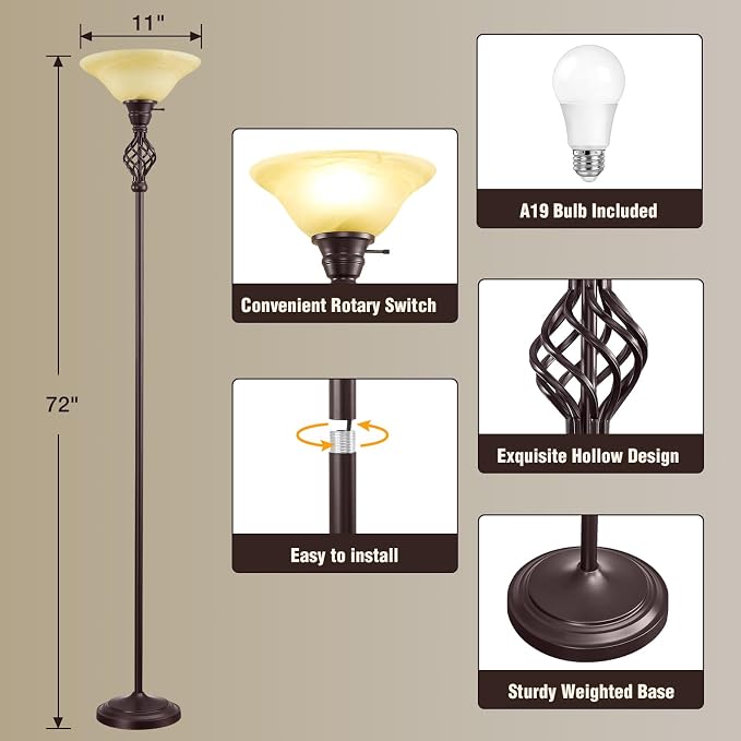 GyroVu Torchiere Floor Lamp for Living Room, LED Standing Reading Light | Yellow Glass Lampshade, 72" Vintage Tall Lamps for Corner Bedroom Home Office, Bulbs Included