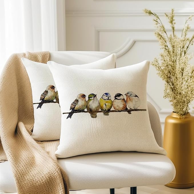 RABUSOFA Spring Summer Pillows Decorative Throw Pillows 20x20,Large Outdoor Bird Pillow Covers,Single Watercolor Hand-Painted Oil Painting Rustic Birds Square Pillow Cases for Couch Sofa