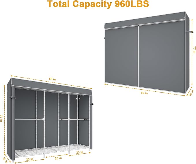 ULIFHOME E14C Pro Heavy Duty Closet Organizer System，Freestanding Clothing Racks for Hanging Clothes，Adjustable Garment Rack 69" W × 16" D × 77" H Hold 960 lbs，White Rack with Grey Dustproof Cover