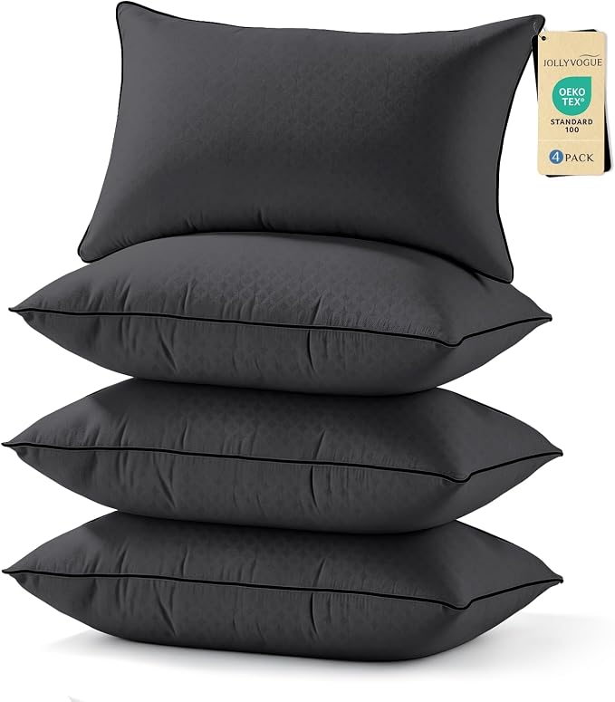 JOLLYVOGUE Black Pillows King Size Set of 4, Washable Supportive Firm Bed Pillows with Oeko-Tex Certified Soft Down Alternative Fill, Fluffy Luxury Hotel Quality for Back, Stomach and Side Sleepers