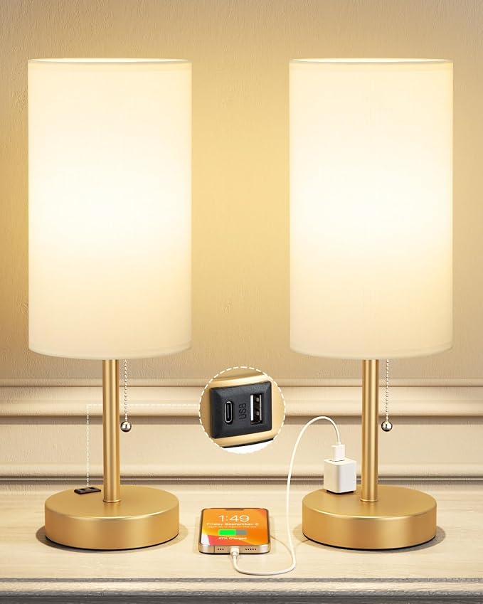 17.4" Gold Bedside Table Lamps Set of 2 - Bedroom Lamp, USB C+A, AC Outlet | 3CCT(3000/4000/5000K), LED Bulbs Included, White Fabric Lampshade, 17.4in Large Lamp for Nightstand, Living Room, Dorm, Desk