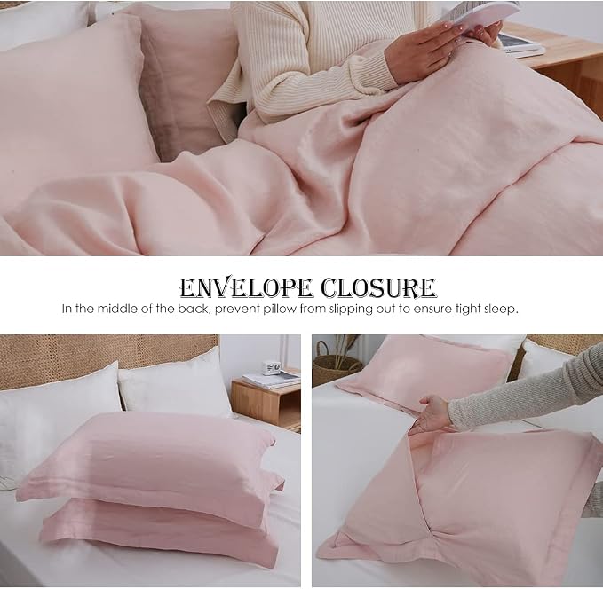 Simple&Opulence 100% Linen Duvet Cover Set 3pcs Basic Style Natural French Washed Flax Solid Color Soft Breathable Farmhouse Bedding with Button Closure - Blush Pink, Queen