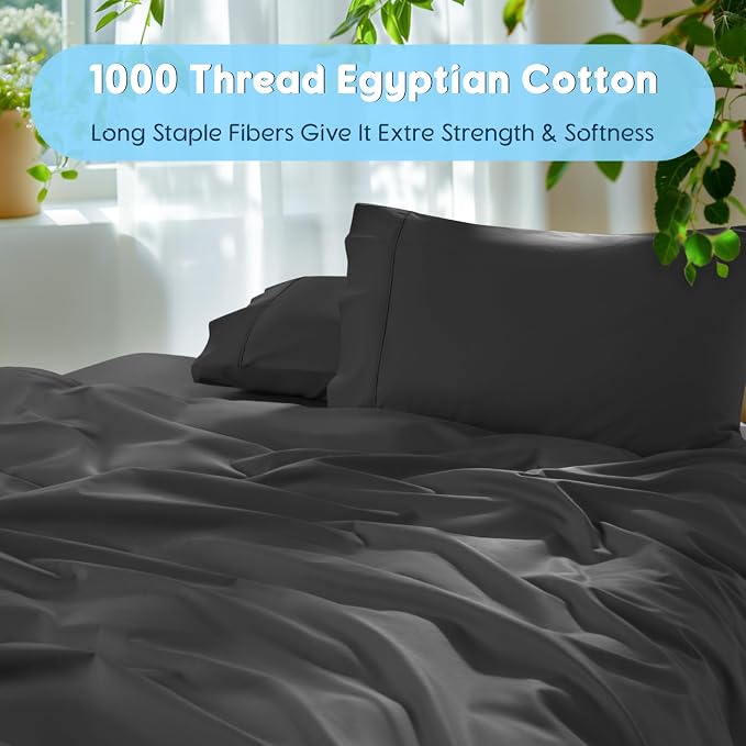 SONORO KATE 1000 Series 100% Egyptian Cotton Cal King Sheet Set,4 Pieces | Soft,Breathable Long Staple,Sateen Weave,Luxury 5-Star Hotel Bed Sheets,16" Deep Pocket,Black