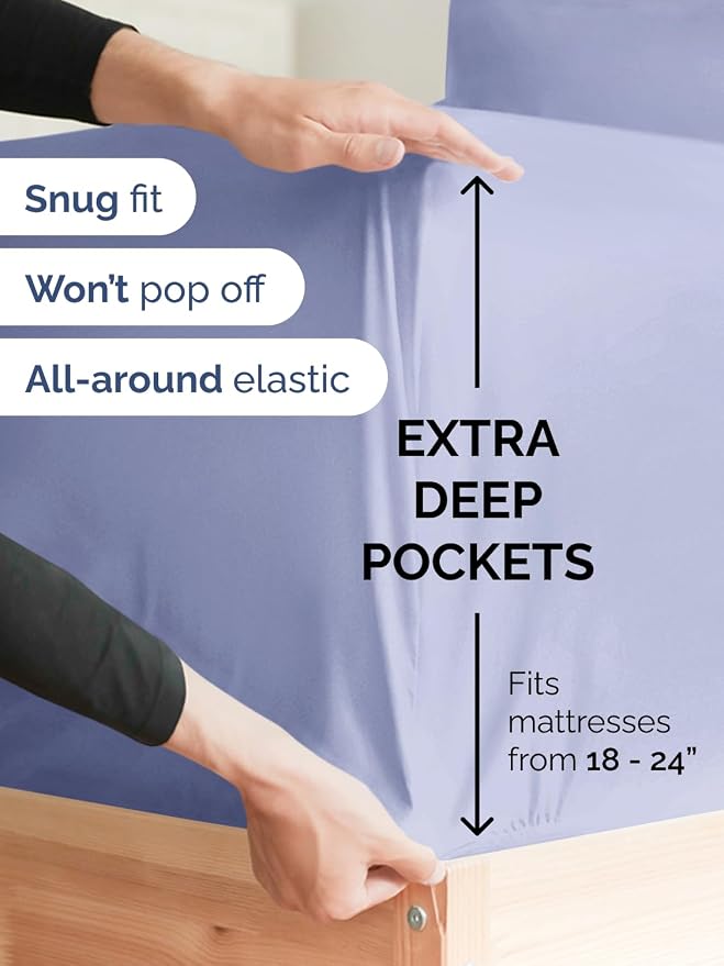 Extra Deep Cal King Sheet Set - 4 Piece Breathable & Cooling - Lavender | Easily Fits 18 to 24 inch Mattress, Ultra Soft, Wrinkle & Fade Free with Extra Deep Pockets, Comfy Hotel Luxury Bedding