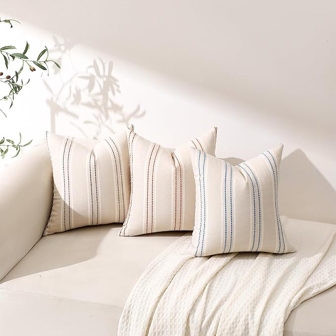 Hckot Striped Throw Pillow Covers 24x24 Set of 2 Lake Blue Pillow Covers | Farmhouse Decorative Pillows Textured Linen Square Cushion Covers for Sofa Couch Bed Living Room Decor(Lake Blue)