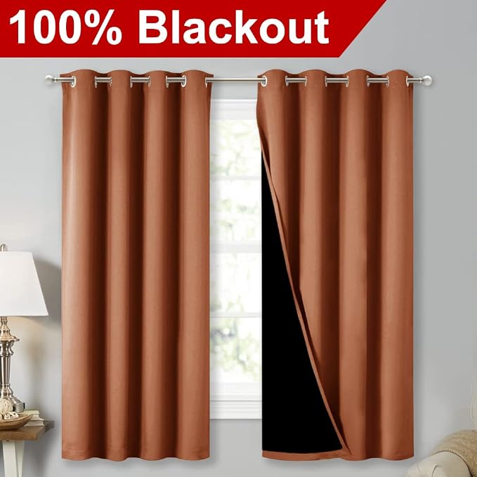 NICETOWN Burnt Orange Blackout Curtains for Kitchen 52" w x 63" L 2 Panels | 100% Room Darkening Lined 2 Thick Layers Completely Light Blocking Window Treatment Thermal Insulated Drapes for Bedroom