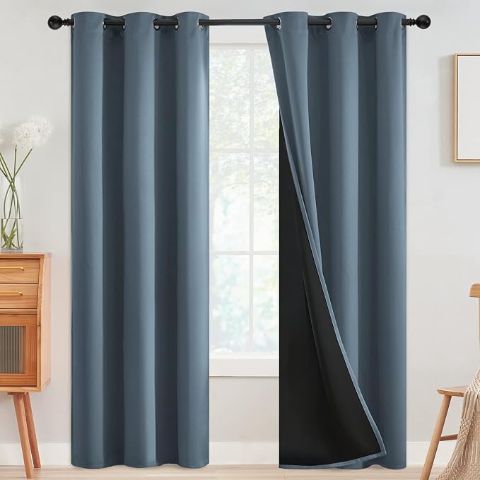 SimpleHome Stone Blue 100% Blackout Curtains Room Darkening Living Room 84L | Curtains for Bedroom,Thermal Insulated Grommet Window Drapes,Curtains for Living Room with Black Back,42 x 84 Inch,2 Panels
