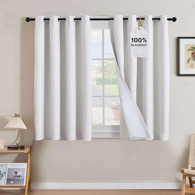 H.VERSAILTEX Linen Curtains 100% Blackout Curtains for Bedroom 45 inch Long Full Light Blocking Nature Linen Blended Window Curtains for Living Room Nickel Grommet (2 Panels, Heathered White)