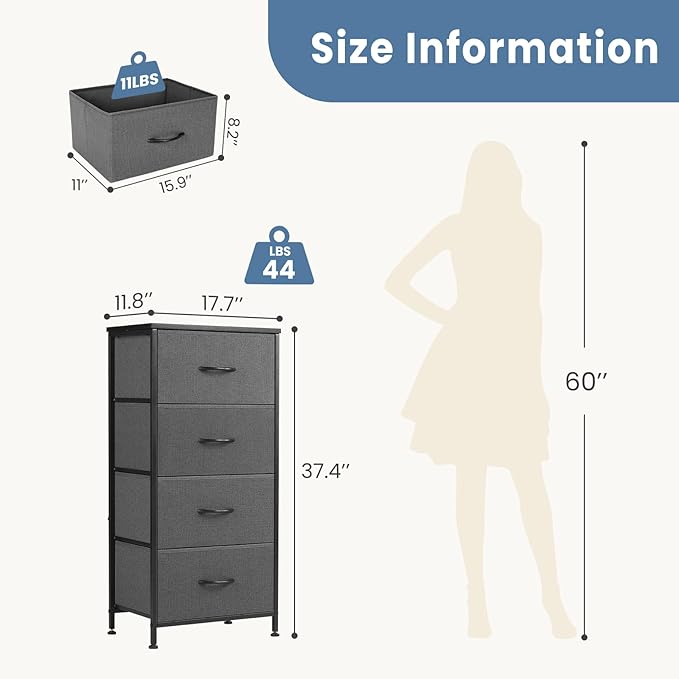 DUMOS Nightstand, Bedside Table with 4 Fabric Drawers | Night Stand with Removable Bins, Steel Frame Wood Top, Small Dresser for Bedroom Closet