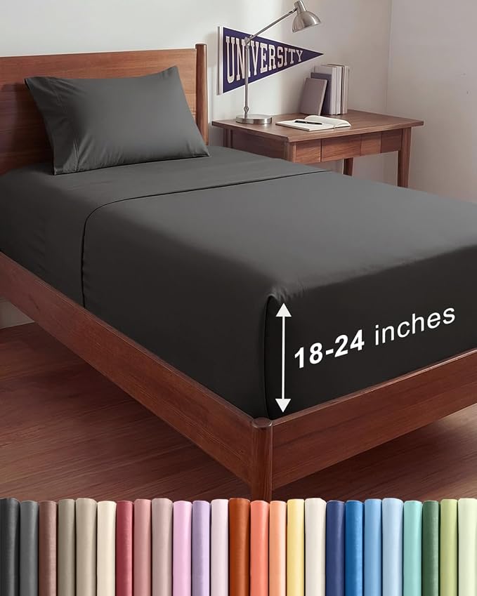Extra Deep Twin XL Sheet Set - 3 Piece College Dorm Room - Charcoal | Soft, Breathable & Cooling, Easily Fits 18 to 24 inch Mattress, Wrinkle Free & Fade Resistant with Extra Deep Pockets