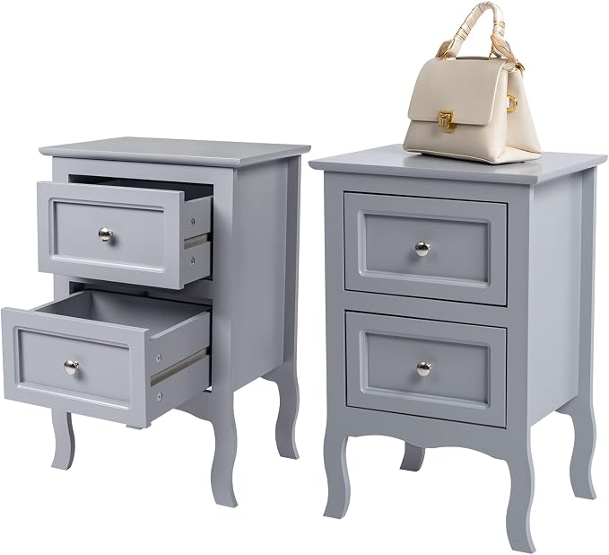 Bonnlo Gray Nightstand Set of 2, Nightstands with 2 Drawers, Bed Side Table/Night Stand, Small Nightstand for Bedroom, Small Spaces, College Dorm, Kids’ Room, Living Room, Wood, 16W x 12D x 24H, Grey