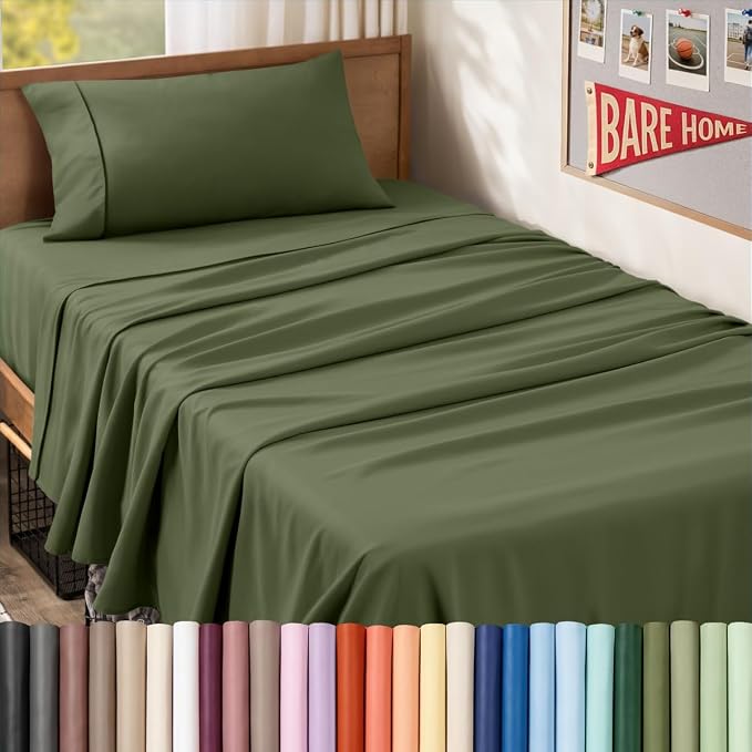 Bare Home Twin XL Sheet Set - 1800 Ultra-Soft (Twin XL, Cypress) | Deep Pockets 6 to 15 Inches, Breathable, Hypoallergenic, Hotel Luxury, Easy Fit, Soft, All-Season