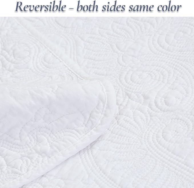 Cozy Line Home Fashions Solid White 100% Cotton Quilt Set, King | 3-Piece, Textured Damask Stitch, King Shams, All Season
