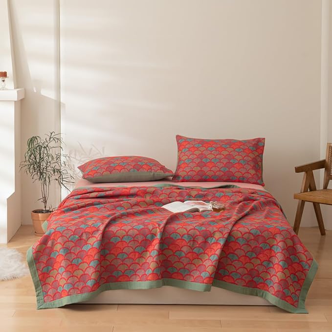 100% Cotton Muslin Blanket Jacquard Rustic Mermaid Fish Scales Print Quilt, Soft Bed Cover Reversible Bedspread Coverlet Breathable Lightweight Bedding Full/Queen(78"x94"), No Pillow Sham