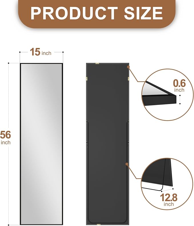 Full Length Mirror with Stand, Black Floor Mirror | Aluminium alloy frame with HD float glass for distortion-free reflection. Free standing or wall mounted.