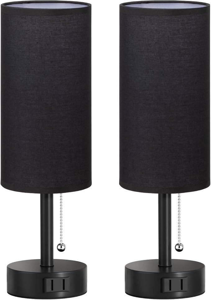 Black Bedside Table Lamps Set of 2 - Bedroom Lamp for Desk, AC Outlet | 3CCT(3000K/4000K/5000K), LED Bulbs Included, Black Fabric Lampshade, 14in Small Lamp for Nightstand, Guest Room, Living Room