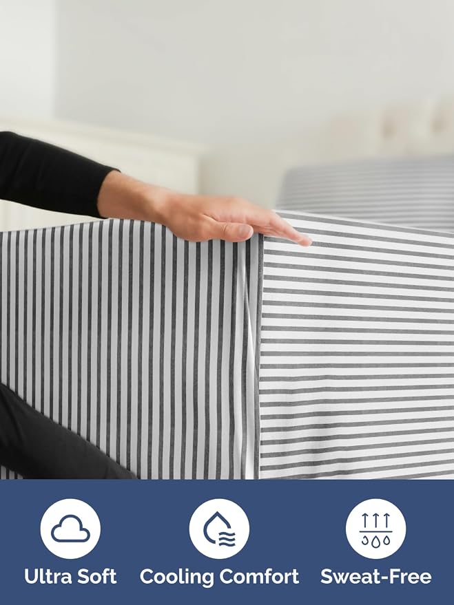Extra Deep King Fitted Sheet - Single Fitted Sheet Only - Grey Stripes | Easily Fits 18 inch to 24 inch Mattress, Soft, Wrinkle Free, Breathable & Comfy, Extra Deep Pockets Hotel Luxury Fitted Sheet