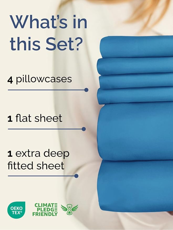 Extra Deep Full Sheet Set - 6 Piece Breathable Cooling Sheets - Denim Blue | Hotel Luxury Bed Sheets Set, Easy & Secure Fit, Ultra-Soft, Wrinkle & Fade Free, Comfy Sheets Set with Extra Deep Pockets