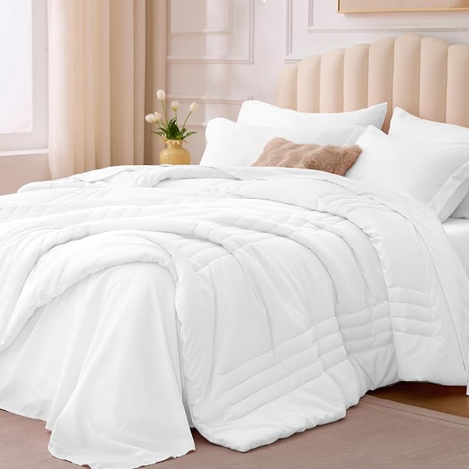 Twin Comforter Set White - Bed in a Bag Twin Size 5 Pieces, Soft Bedding Set for All Seasons, Premium College Dorm Comforter Set with Comforter, 1 Sheet, 1 Pillowcase & 1 Sham