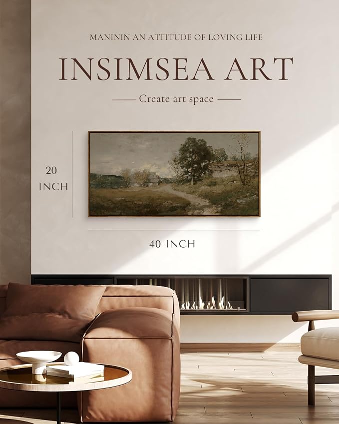 InSimSea Extra Large Framed Vintage Wall Art, Rustic Landscape,40x20in | Cottage Road Farmhouse Picture, Canvas, Long Horizontal, Bedroom Above of Bed Fireplace Living Room