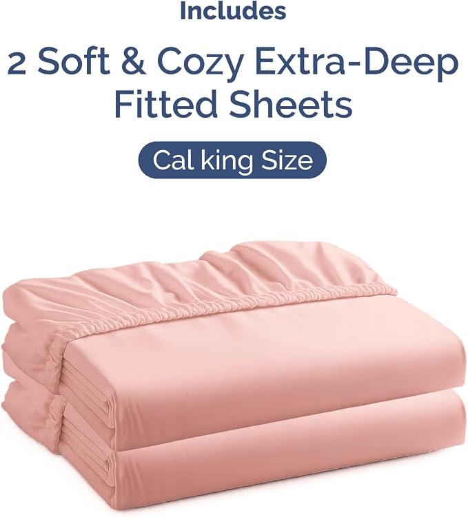 2 Pack Extra Deep Cal King Fitted Sheets with Deep Pockets - Baby Pink | Hotel Luxury Bottom Fitted Sheets Only, Soft, Fade & Wrinkle Free, Breathable & Comfy, All Around Elastic Fitted Sheets