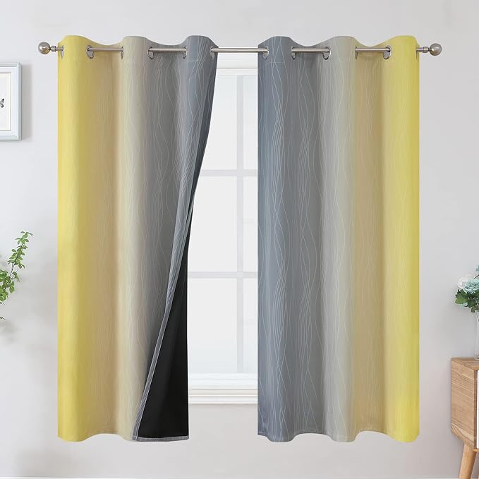 Yellow and Grey Ombre Blackout Curtains for Living Room 42Wx63L Inch Length | Estelar Textiler Room Darkening Gradient Curtains for Boys Bedroom,Thermal Insulated,Light Blocking Grommet Drapes,2 Panels
