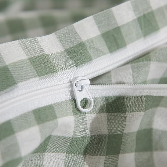 NEXHOME PRO Green Gingham Duvet Cover King, 100% Washed Cotton Like Linen Feel Organic Natural Bedding Set 3 Piece Sage Vintage Plaid Checkered Comforter Cover Set (No Comforter) 10490