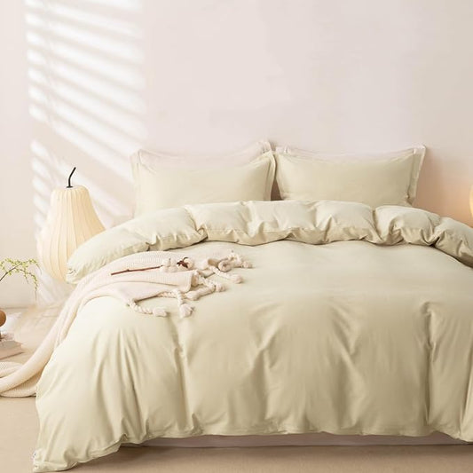 OAITE Duvet Cover Set 100% Washed Cotton Solid 3pcs | Soft,Durable,Long-staple Cotton,Hidden Zipper with 8 Interior Corner Ties,2 Pillowcases