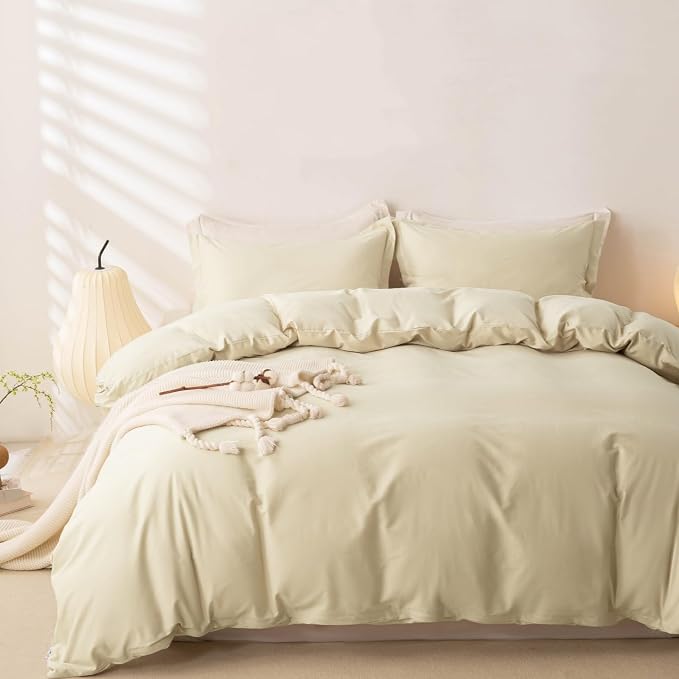 OAITE Duvet Cover Set 100% Washed Cotton Solid 3pcs | Soft,Durable,Long-staple Cotton,Hidden Zipper with 8 Interior Corner Ties,2 Pillowcases