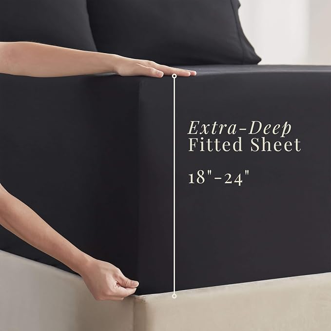 Hearth & Harbor Extra Deep Pocket Sheets - Fits Mattress 18-24 Inches Deep - Extra Deep Pocket Twin XL Sheets Sets - 4 Piece Twin XL Size - Black