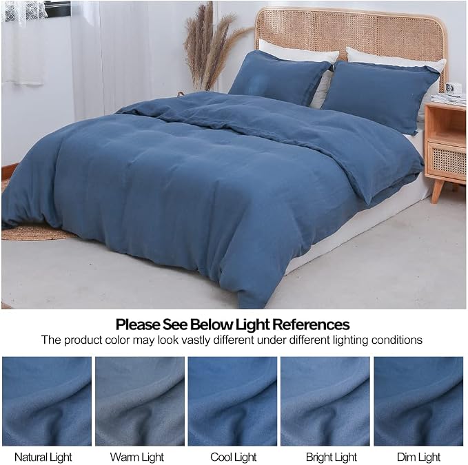 Simple&Opulence 100% Linen Duvet Cover Set 3pcs Basic Style Natural French Washed Flax Solid Color Soft Breathable Farmhouse Bedding with Button Closure - Classic Blue, Full
