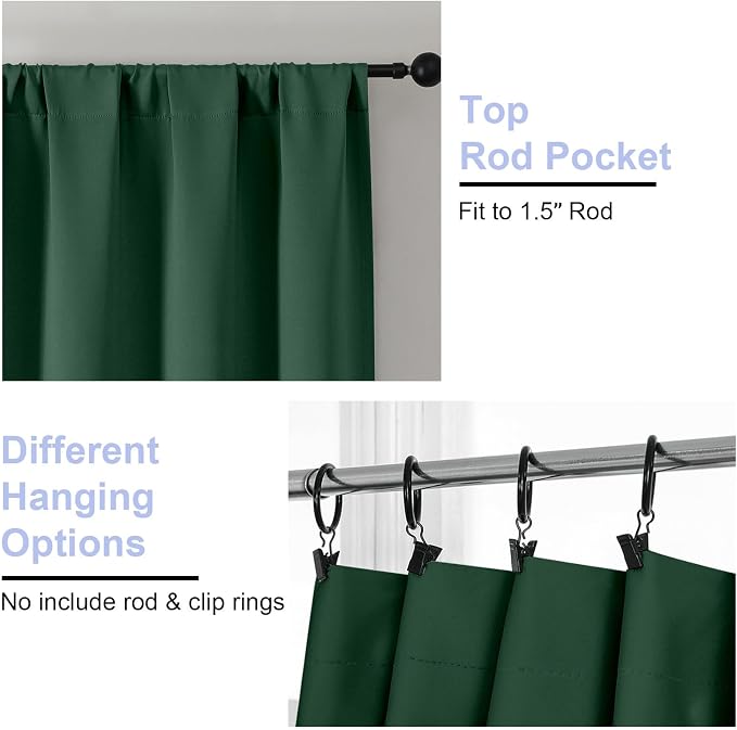 Simplebrand Blackout Extra 10ft Curtains for Patio 120 Inches Long 2 Panels Set, Solid Thermal Insulated Energy Saving Rod Pocket Window Treatment Curtains Blackout Drapes, 50" Wx120 L, Ever Green