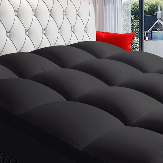 Queen Mattress Topper, Extra Thick Pillow Top Mattress Pad Cover | Cooling Mattress Cover, Overfilled Top Bed Topper Protector for Back Pain, Soft Breathable for Hot Sleeper, Black