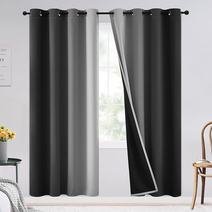 SimpleHome 100% Blackout Ombre Bedroom Curtains Black and Greyish White,72L | Room Darkening Curtains,Thermal Insulated Grommet Window Drapes and Curtains for Living Room,2 Panels, 52x72 inches Length