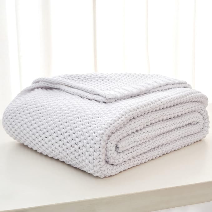 Chunky Cable Knit Throw Blanket Lightweight White 100% Organic Cotton Blanket for Sofa Couch Bed Baby Nursery, Rustic Shabby Chic Modern Farmhouse, Pure White 60” x 80” Give Laundering Bag