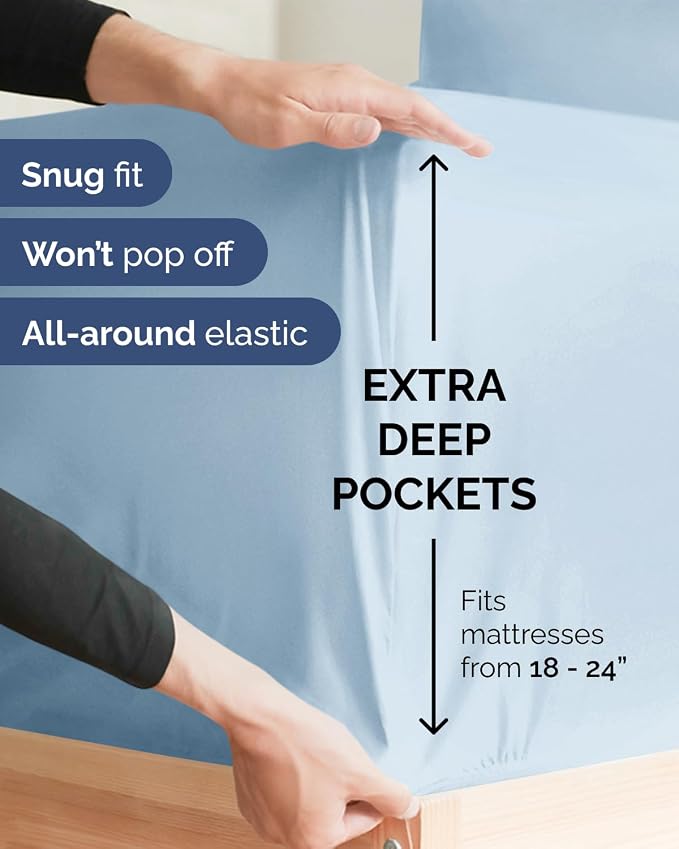 Flex Top Split Head King Sheet Set - 4 Piece Extra Deep Sheets - Sky Blue | Easily Fits 18 to 24 inch Mattress, Ultra Soft, Wrinkle & Fade Free with Extra Deep Pockets, Comfy Hotel Luxury Bedding