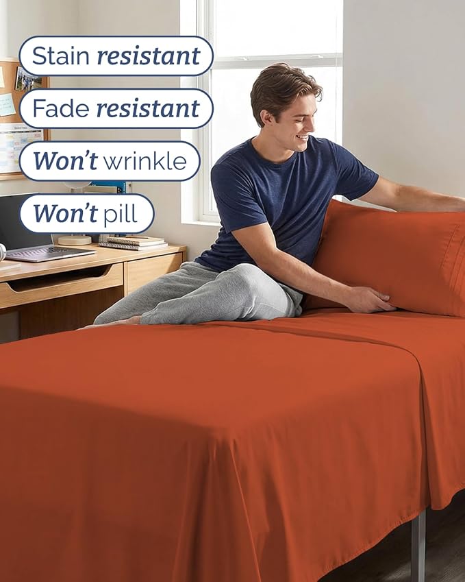 Twin XL 4 Piece Sheet Set - College Dorm Room Essentials - Terracotta | Ultra Soft Dorm Bedding Set, 8" to 16" Inch Deep Pockets, 1 Flat & 1 Fitted Sheet & 2 Pillowcases, Wrinkle & Fade Free